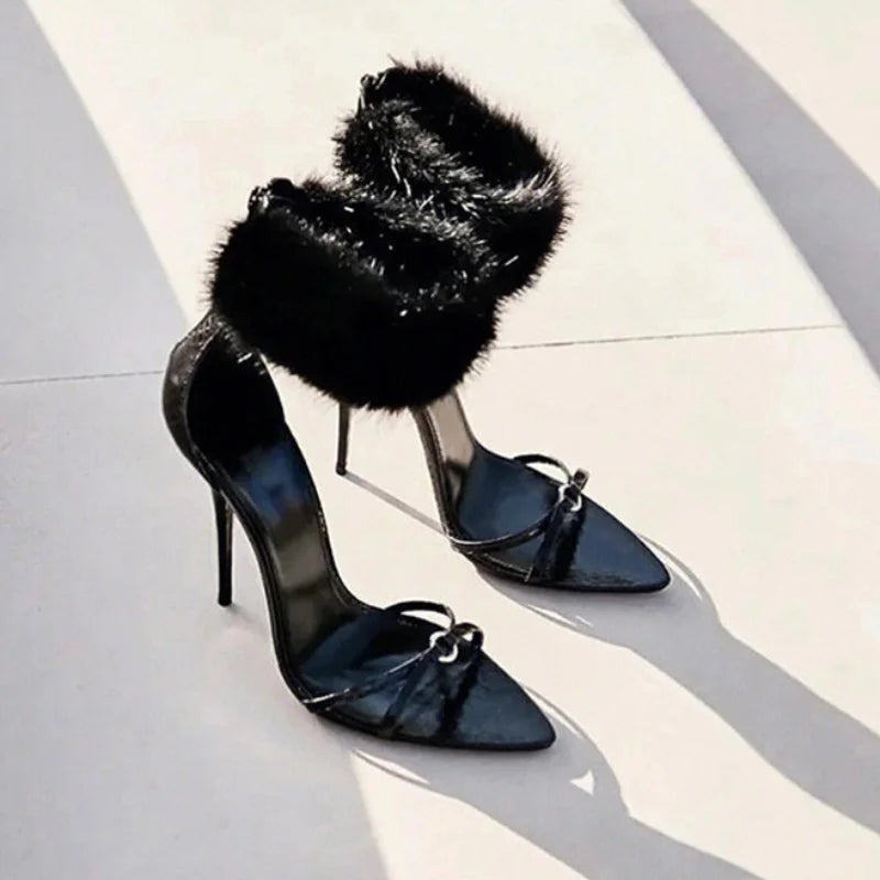 Soufree  - New Summer Sandals European Black Banquet With Sexy Mink Hair Sandals Women High Heels