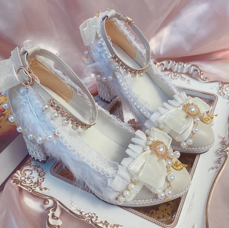 Soufree  -  Exquisite Girl Lolita Handmade Lo Shoes Bridal White Gold High Heels Sweet Women's Stage Performance Shoes Adult Gift