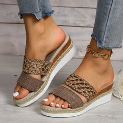 Soufree  -  Fashion Hollow Woven Bandage Sandals Fish Mouth Wrap The Instep Wedge Heel Slippers Women Comfortable Dressy Open Toe Shoes