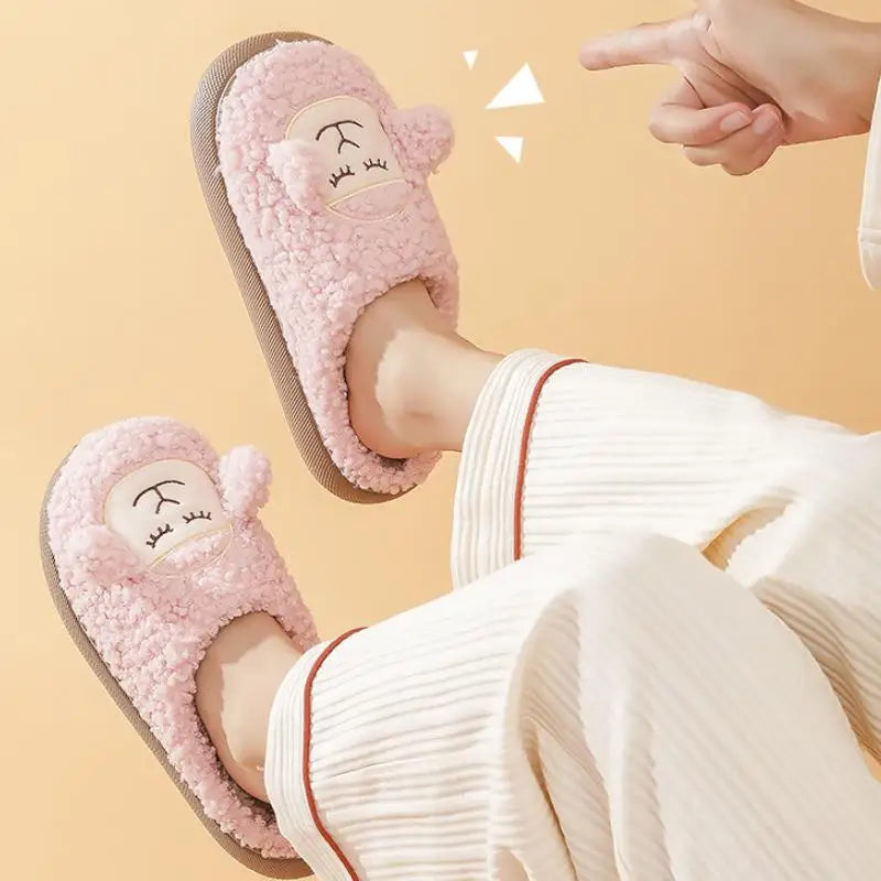 Soufree  -  Cute Cartoon Women Cotton Slippers Autumn Indoor Home Slipper Couples Warm Faux Fur Slides Platform Sole Girls Boys Furry Shoes