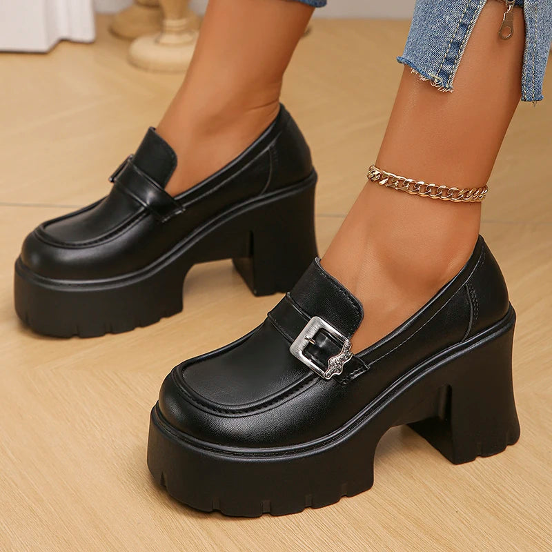 Soufree  -  Chunky High Heels Loafers Women Spring New Platform Pumps Woman Fashion Buckle Thick Bottom Gothic Shoes Female