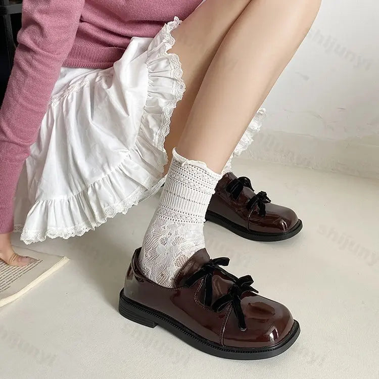 Soufree  -  Women Spring Autumn New British Academy Style Low Heel Round Toe Mary Jane Shoes Ladies Fashion Bowknot Small Leather Shoes