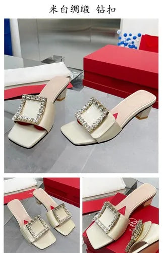 Soufree  -  Square buckle rhinestone fashionable women's shoes new square toe low thick heel open toe elegant sandals for external wear