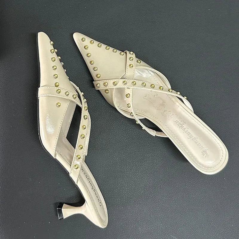 Soufree  -  Rivet Designer Sandals for Women Pointed Toe Low Heel Slingback Shoes Female Summer Slide Fashion Slippers Women Mules Pumps