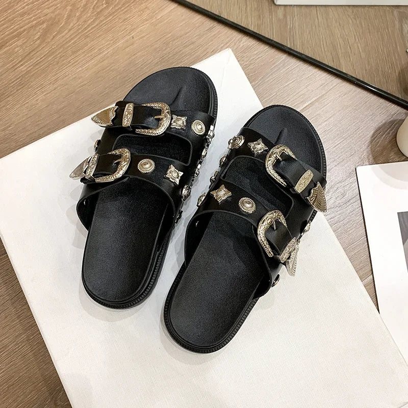 Soufree  -  Summer Punk Rock Women Slippers Rivets Platform Leather Mules Creative Metal Fittings Slippers Female Casual Sandals Shoe Slides