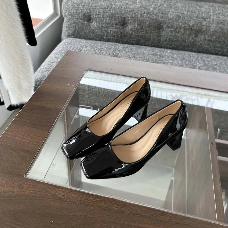 Soufree  -  prom shoes Spring  Autumn New High Heels Women Square Toe Pumps Female Fashion Concise Patent Leather Elegant Office Women's Shoes