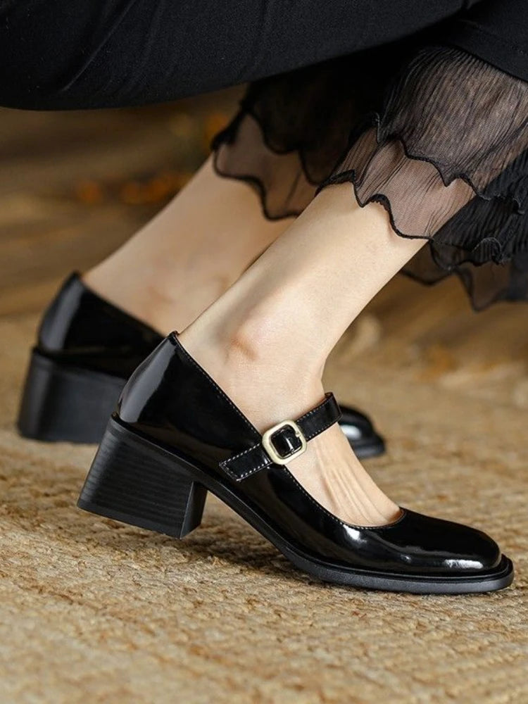 Soufree  -   Autumn Solid Medium Heels Sandals Office Ladies Buckle Casual Korean Style Pumps Non Slip Soft Elegant Shoes Woman Vintage