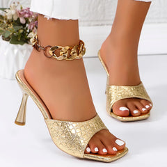 Soufree  -  Luxury Gold Silver High Heels Sandals Women Slip On Square Toe Summer Slippers Woman Plus Size 43 Thin Heeled Party Shoes