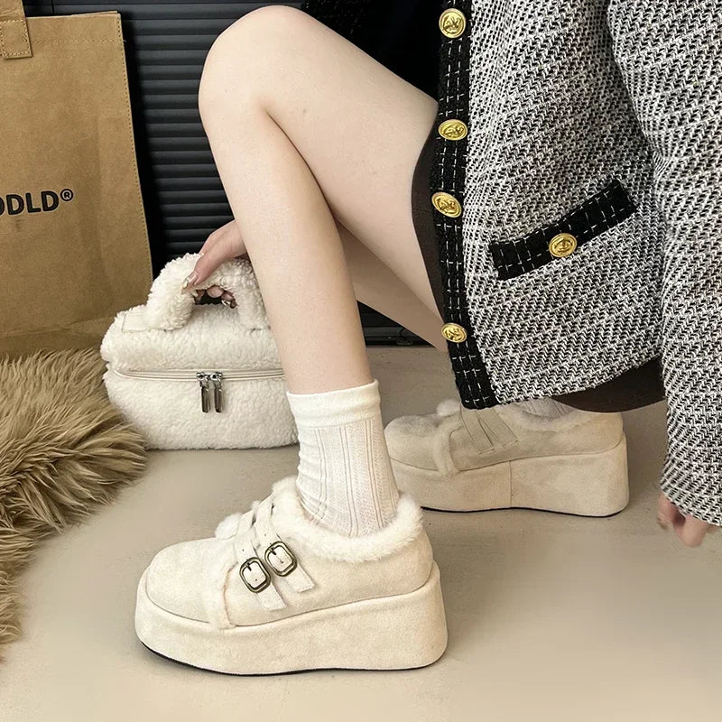 Soufree  -  Winter Fur Women Mary Jane Shoes Fashion Belt Buckle Shoes Outdoor Platform Heel Warm Cotton Shoes