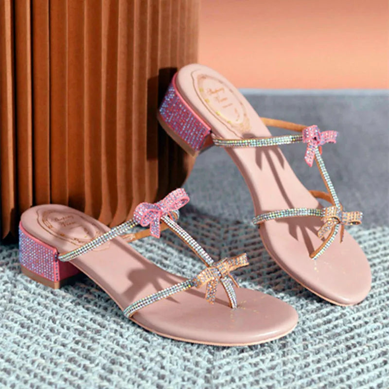 Soufree  -  Luxury Rhinestone Bow Design Sandals Women Chunky Mid Heel Slide Slippers Summer Open Toe Cute Flip Flops for Girls Zapato Mujer