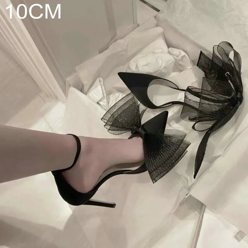 Soufree  -  Lace Bow High Heels New Sexy Line With Pointed Thin Head Pumps Girl Baotou European Sandals Women