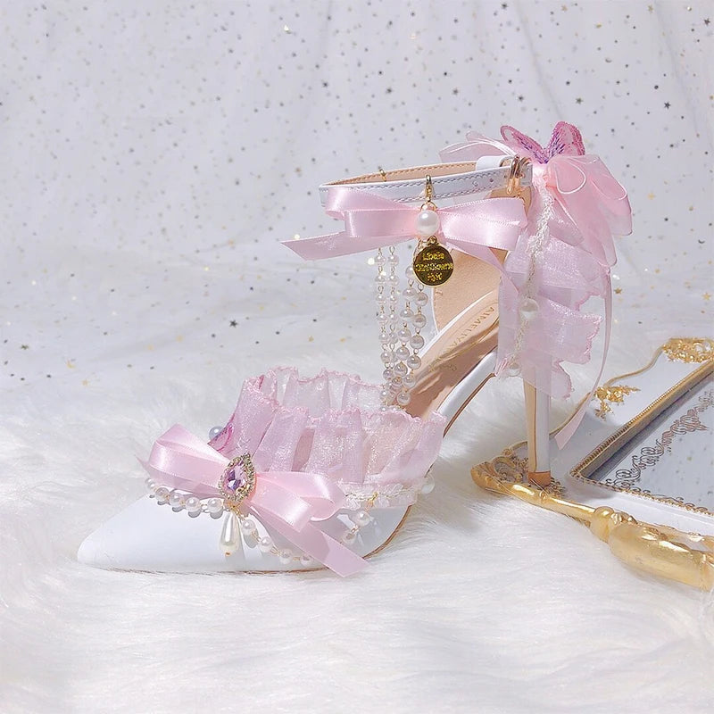 Soufree  -  Lolita Sweet Pink Lace Bowknot Rhinestone High Heels Women Shoes Pointed Pearl Tassel Bridal Wedding Shoes Flower Wedding Shoes