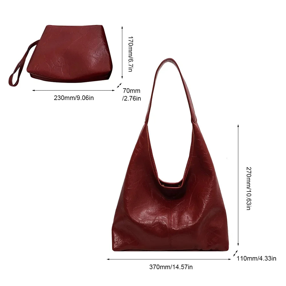 Soufree  Women's PU Leather Soft Shoulder Bag Vintage Wine Red Ladies Underarm Bag 2pcs Commuter Versatile Tote Bag Quality Large Handbag