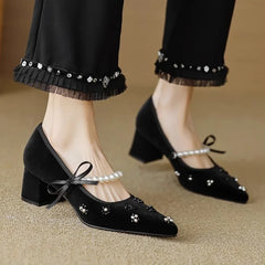 Soufree  -  Pearl Design Mary Jane Shoes Flannel Pointed Toe Pumps Women Elegant Fashion Dress Shoes Female Comfy Chunky Classic Women Shoes