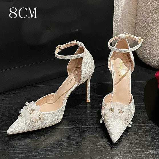 Soufree  - European Summer Sandals Thin Heel Pointed Toe High Heels Fashion White Flower Wedding Shoes Bridesmaid Pumps