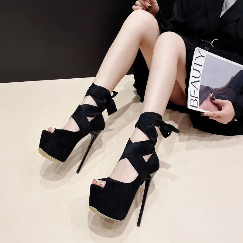 Soufree  -  Elegant Ankle Lace-up Platform High Heels Peep Toe Women Pumps Street Style Platform Sexy Stiletto High Heels Strippers Shoes