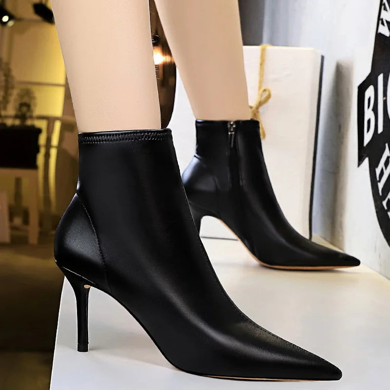 Soufree  -  Shoes Leather Boots Women High-Heeled Boots Keep Warm Winter Boots Pointed Toe Stiletto High Heels Women Ankle Boots