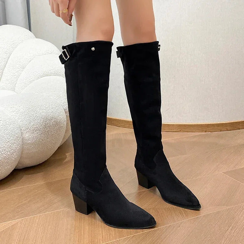 Soufree  -  Pointed Toe Chunky Women High Boots Suede Retro Knee High Mid Heels Shoes Trend Winter Goth Pumps Chelsea Botas De Mujer