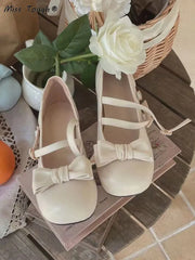 Soufree  -  Japanese Lolita Kawaii Sandals Women College Style Bow Design Sweet Mary Janes Shoes Female Pure Color Casual Shoes Autumn 