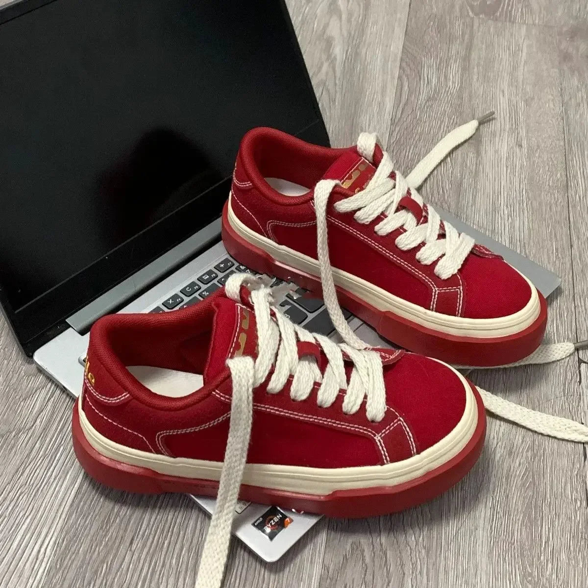 Soufree  -  Women Vintage Red Canvas Low-top jogging Sneakers Casual Letter Embroidery Skateboard Shoes Students Flat outdoor trainers