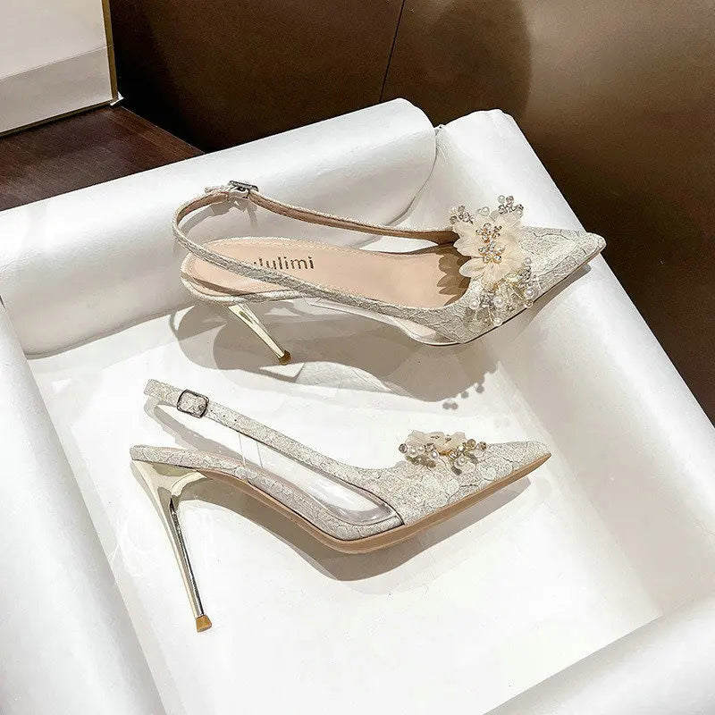 Soufree  -  French Bride Gold Wedding Shoes Thin Heel Pointed Shallow Mouth Flower Rhinodrill High Heels Bao Head Fashion Women Sandals