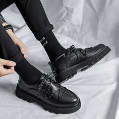 Soufree  -  Men's Japan Karajuku Korean Style Fashion Streetwear Thick Platform Casual Black Leather Shoes Lace Up Dress Leather Shoes