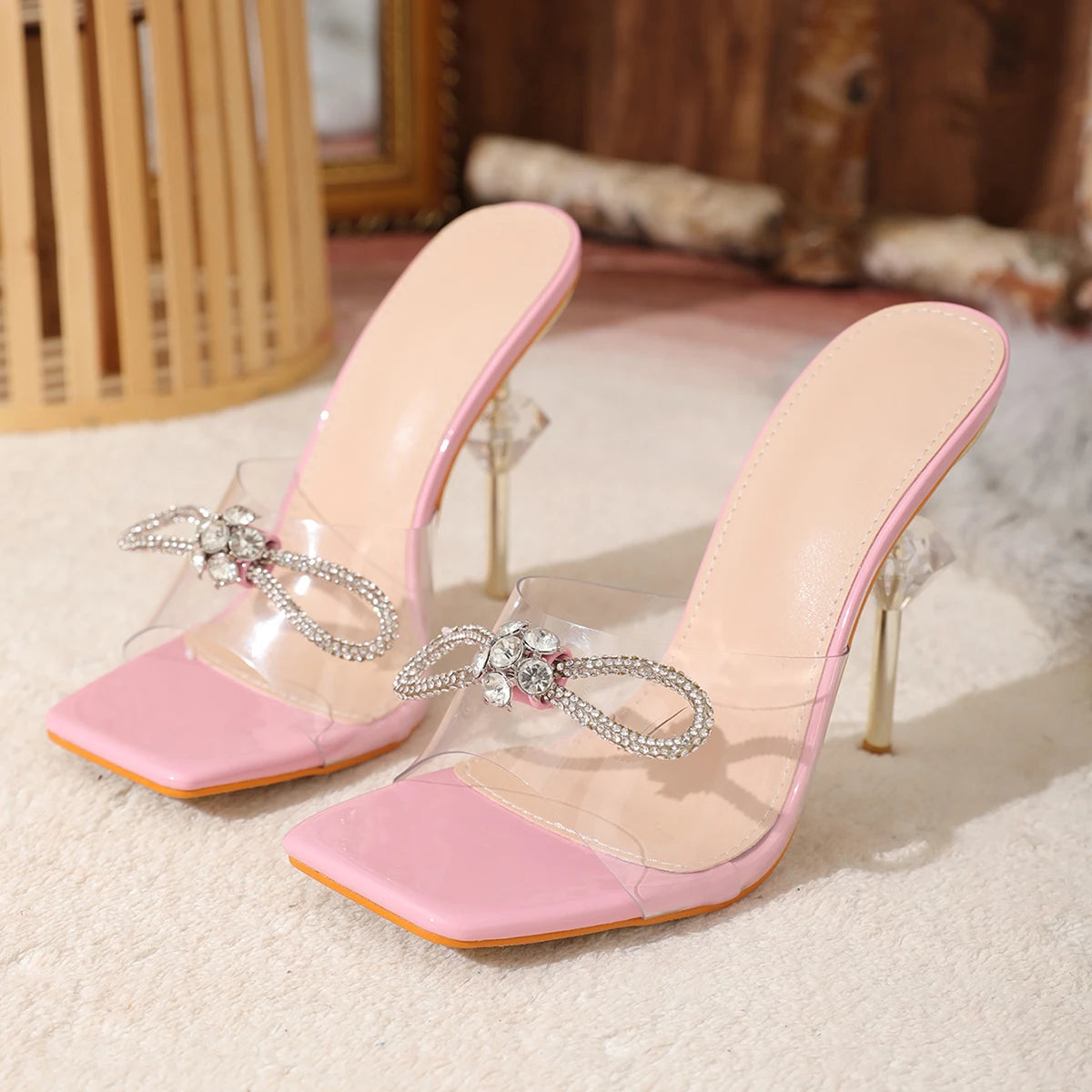 Soufree  -  Sequin Bowknot PVC Transparent Slippers For Women Sexy Square Toe Strange High Heels Sandals Summer Fashion Party Shoes