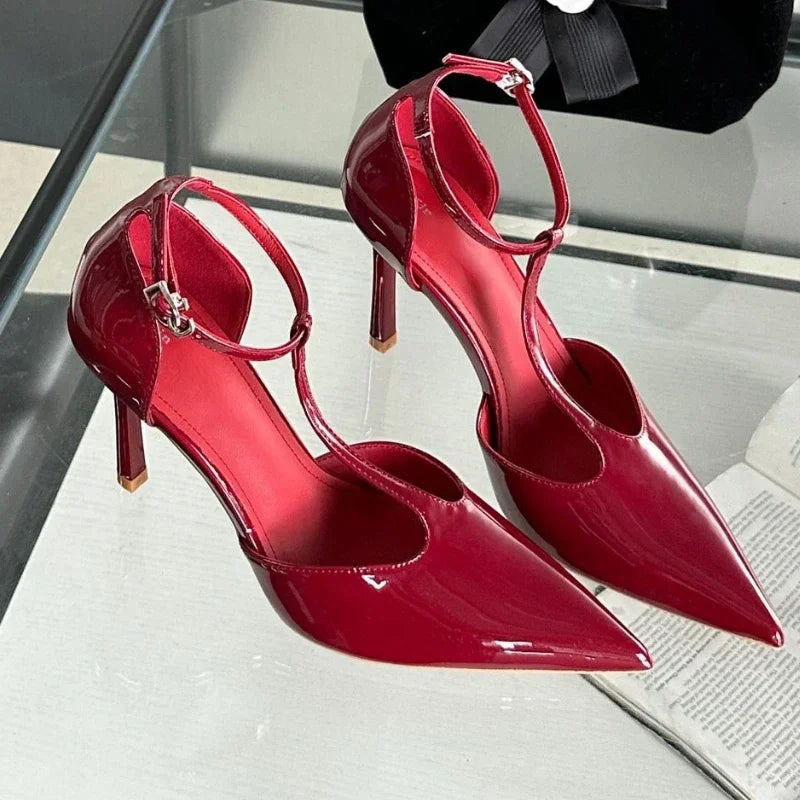 Soufree  -  Sexy Red High Heels Women Pointed Toe Party Dress Shoes T-Strap Patent Leather Elegant Slingback Thin Heels Female Sandals Women