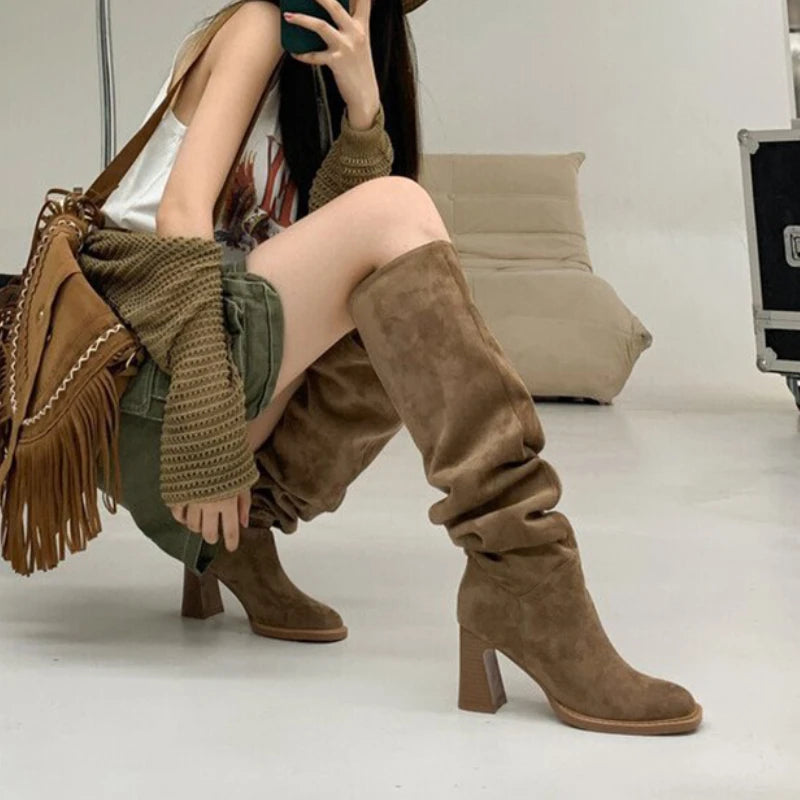 Soufree  -  Faux Suede High Heels Long Boots Women Winter Fashion Pleated Cowboy Boots Woman Round Toe Slip-On Riding Botas De Mujer