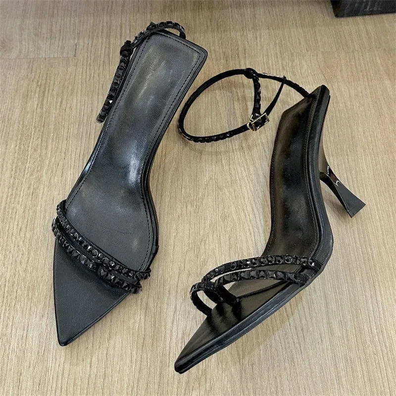 Soufree  -  prom shoes Sexy Crystal Designer Women Sandals Narrow Band Buckle Strap High Heels Party Shoes Pointed Toe Slingbacks Shoe Zapatos De Mujer