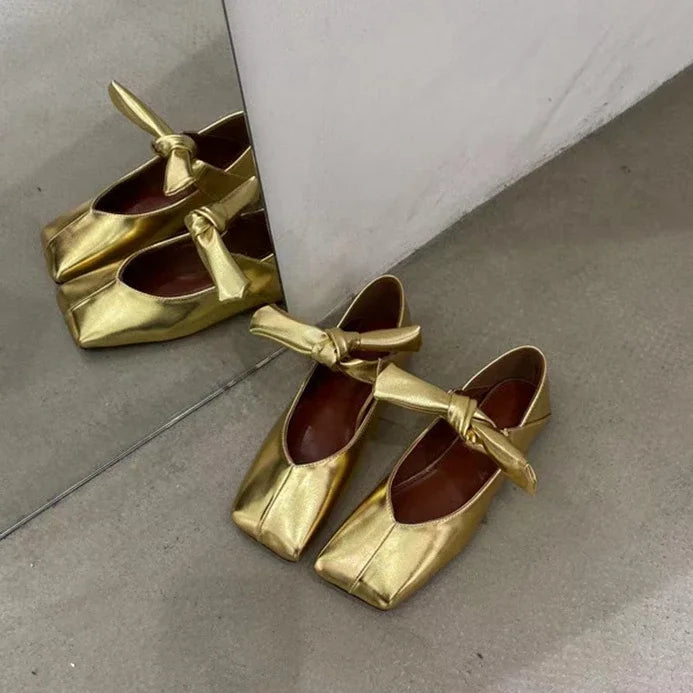 Soufree  -  summer shoes Flats Mary Jane Women Shoes Square Head Designer Shoes Gold Casual Shallow Loafers Comfort Walking Bow Fashion Ballet Shoes