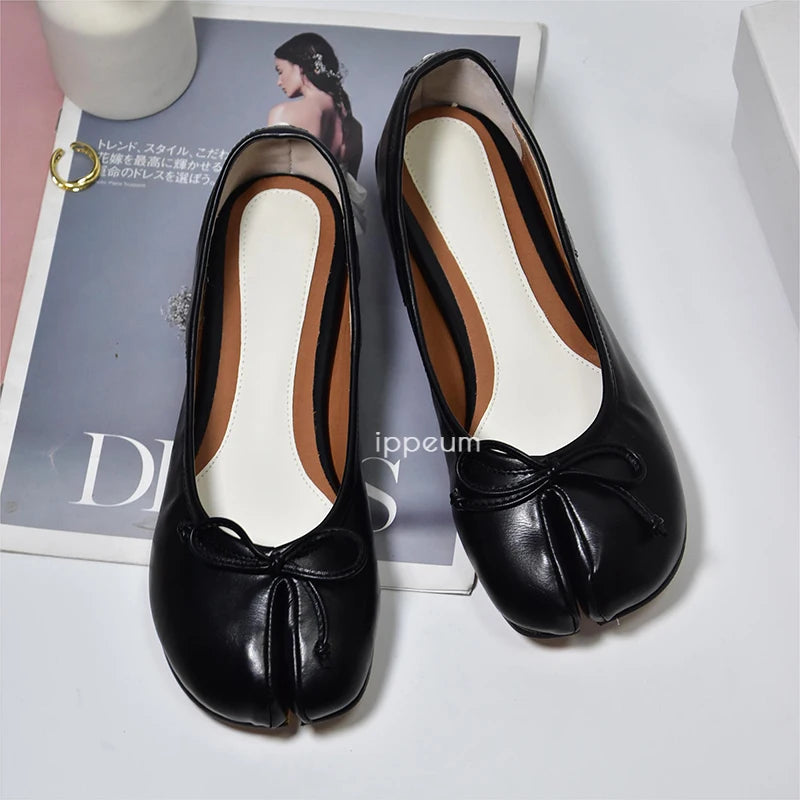 Soufree  -  Ballet Flats Women Split Toe Shoes Plus Size 44 Black Leather Mary Janes Butterfly Knot Ballerinas Zapatos mujer