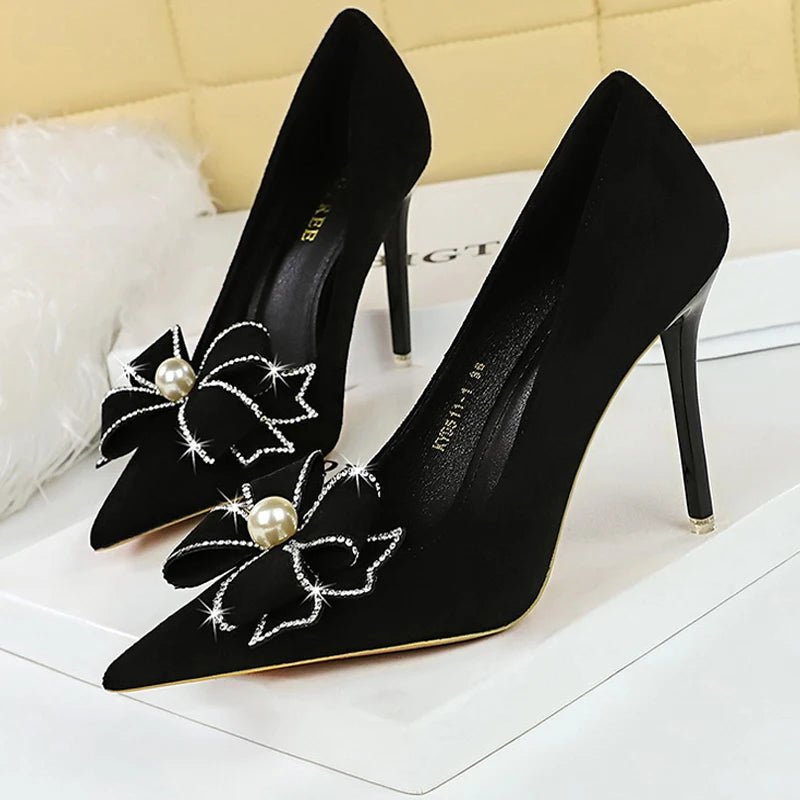 Soufree  -  Shoes Pearl Bowknot Women Pumps Rhinestone High Heels Suede Stilettos Lady 10.5 Cm Luxury Banquet Shoes Large Size 43