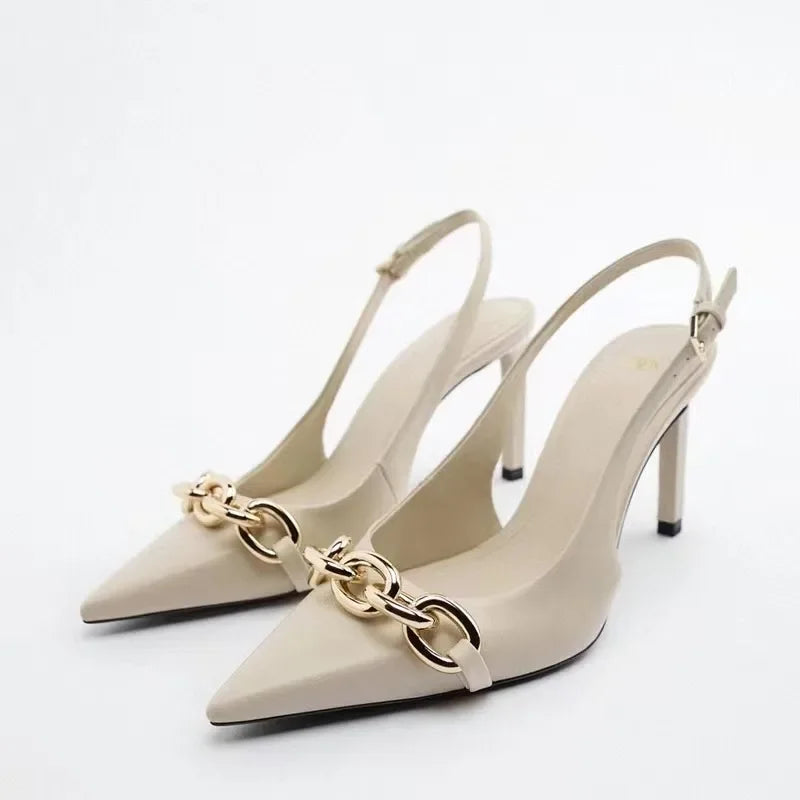 Soufree  -  Summer Elegant Solid Color Women's High Heels Metal Chain Designer Fashion Sexy Pointed Toe Women's Party High Heel Sandals