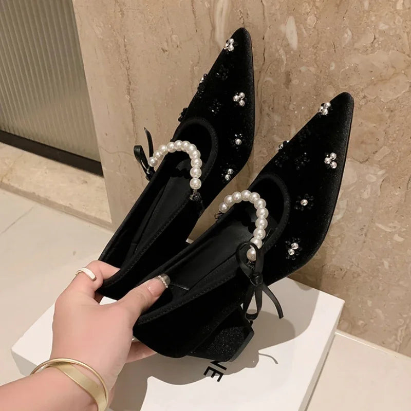 Soufree  -  Pearl Design Mary Jane Shoes Flannel Pointed Toe Pumps Women Elegant Fashion Dress Shoes Female Comfy Chunky Classic Women Shoes