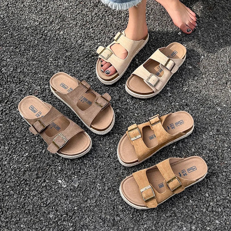 Soufree  -  Summer Women's Two Buckle Platform Cork Slippers Cow Suede Leather Flats Sandals For Women Retro Garden Mule Clog Slides