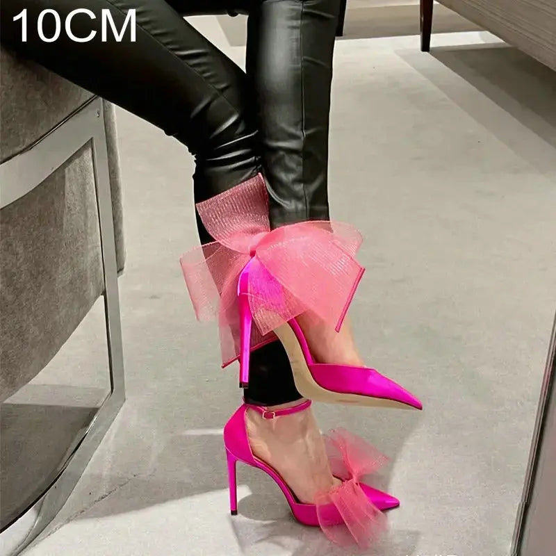 Soufree  -  Lace Bow High Heels New Sexy Line With Pointed Thin Head Pumps Girl Baotou European Sandals Women