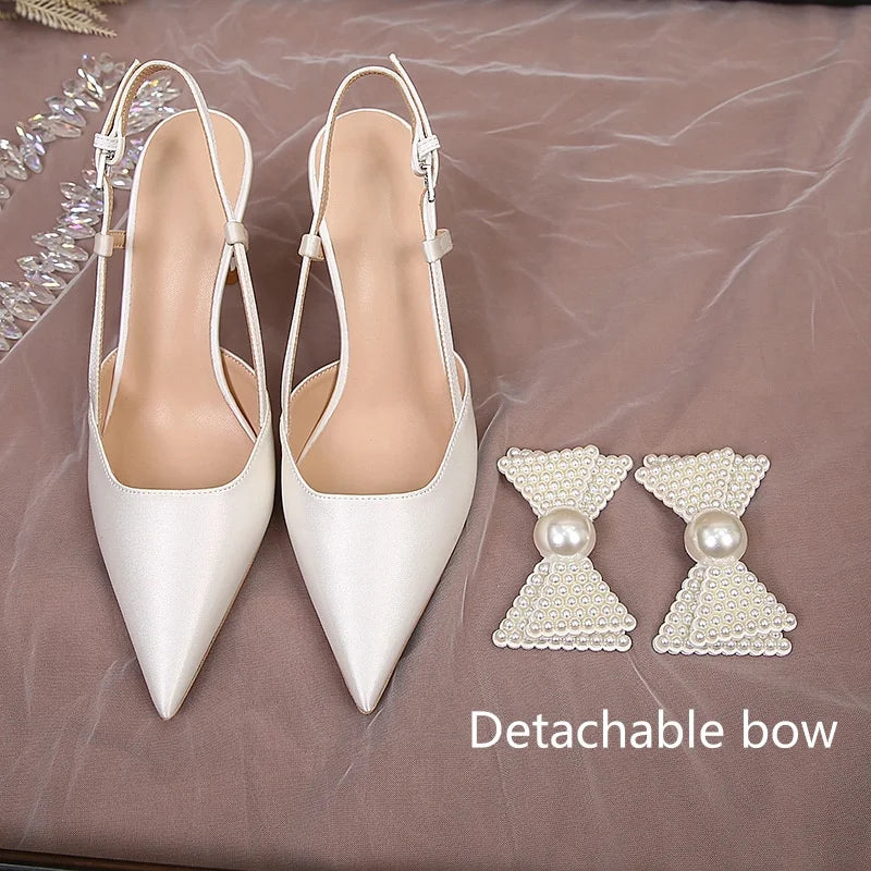 Soufree  - French Wedding Shoes Women New White Bridesmaid Shoes Bow High Heels Elegance Sandals