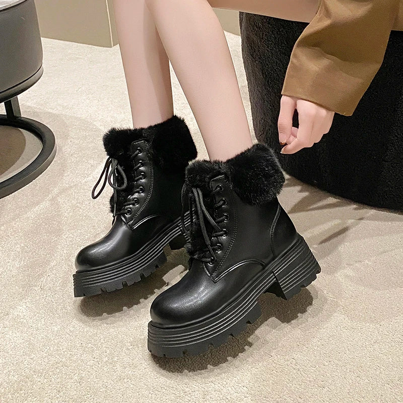 Soufree  -  Winter Fluffy Fur Women Snow Boots Fashion Lace Up Short Booties Comfort Thick Heels Ladies Shoes