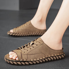 Soufree  -  New New Casual Top Leather Slippers Handmade with Personalized Lace Up and Super Fiber Leather Sandals Plus Size 39-46