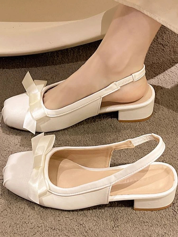 Soufree  -  Sweet Solid Square Heels Sandals Women Summer New Elegant Bow French Ballet Shoes Female Fairy Gentle Style Mary Jane Shoes 