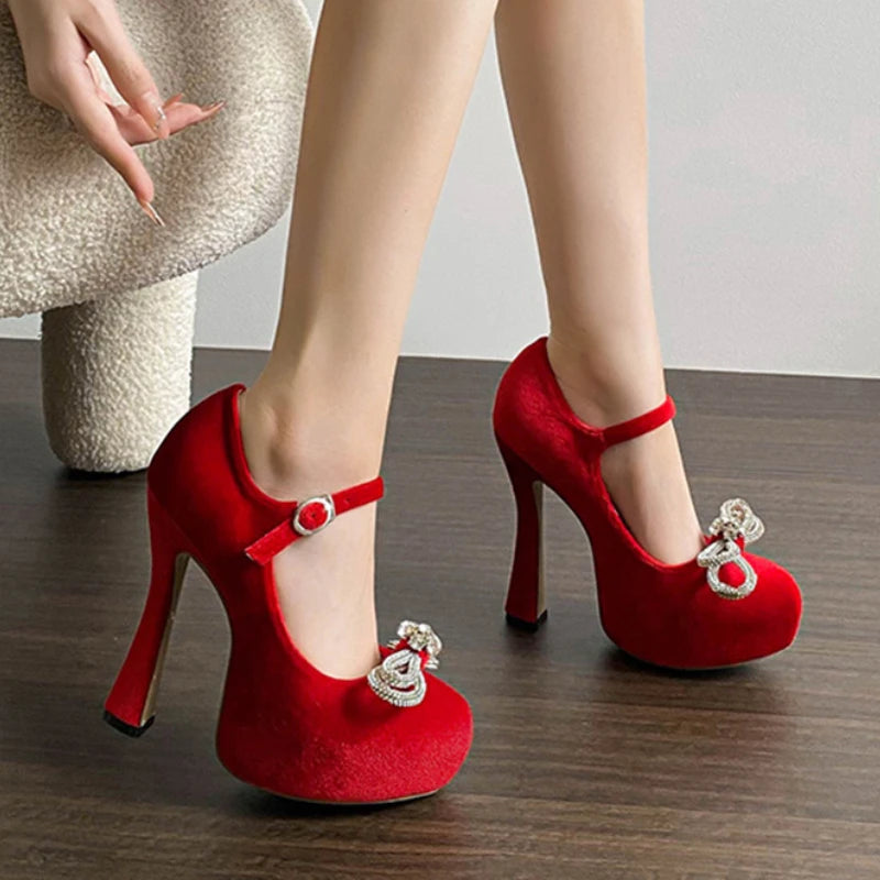 Soufree  -  Fashion Rhinestone Bow Design 13CM Super High Heels Women Luxury Brand Red Round Toe Suede Heeled Shoes Sexy Wedding Dress Shoes