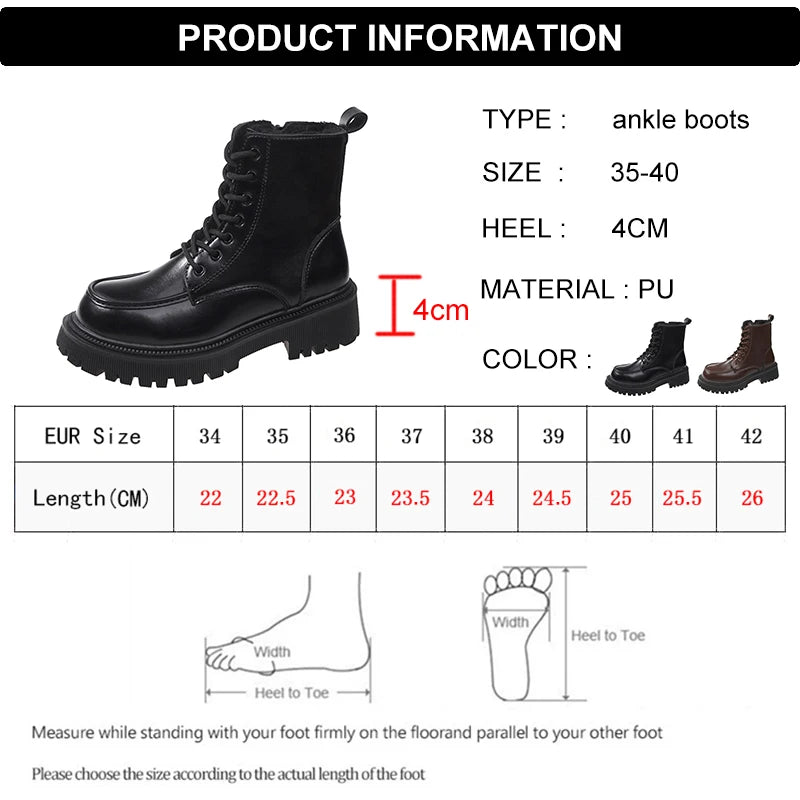 Soufree  - Autumn Winter Platform Ankle Boots Women Thick Sole Pu Leather Biker Boots Woman Short Plush Lace-Up Shoes Female