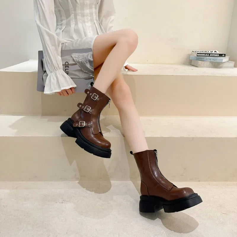 Soufree  -  Black Brown Women Boots Thick Sole Retro Fashion Shprt Boots Autumn Winter New Metal Buckle Leather Western Knight Botas