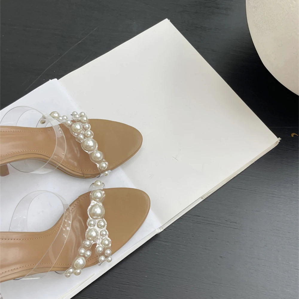 Soufree  -  Sexy PVC Transparent Slippers For Women Fashion String Bead Summer Sandals Round head Clear High Heels Party Prom Shoes