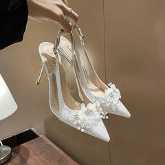 Soufree  -  French Bride Gold Wedding Shoes Thin Heel Pointed Shallow Mouth Flower Rhinodrill High Heels Bao Head Fashion Women Sandals