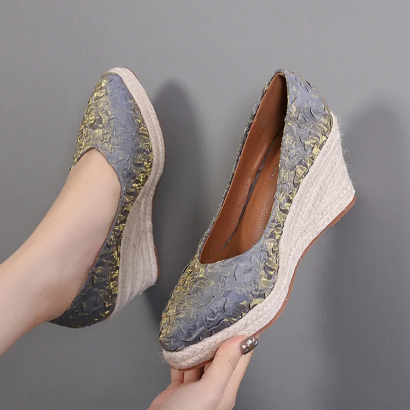 Soufree  -  New Pointed Shallow Mouth Women Wedge Heel Thick Sole Single Shoes Women Straw Woven Twine rope sole Spring Autumn Shoes