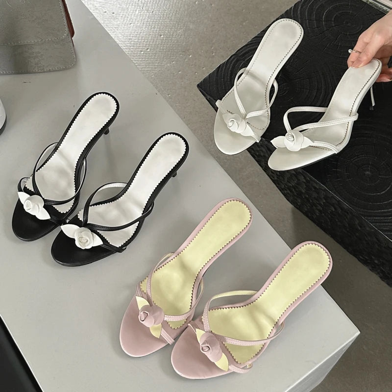 Soufree  -  Summer NEW Women Sandals PU Pointed Toe Sewing Flower Thin High Heels Shallow Slippers Solid Heeled Sandals Mules