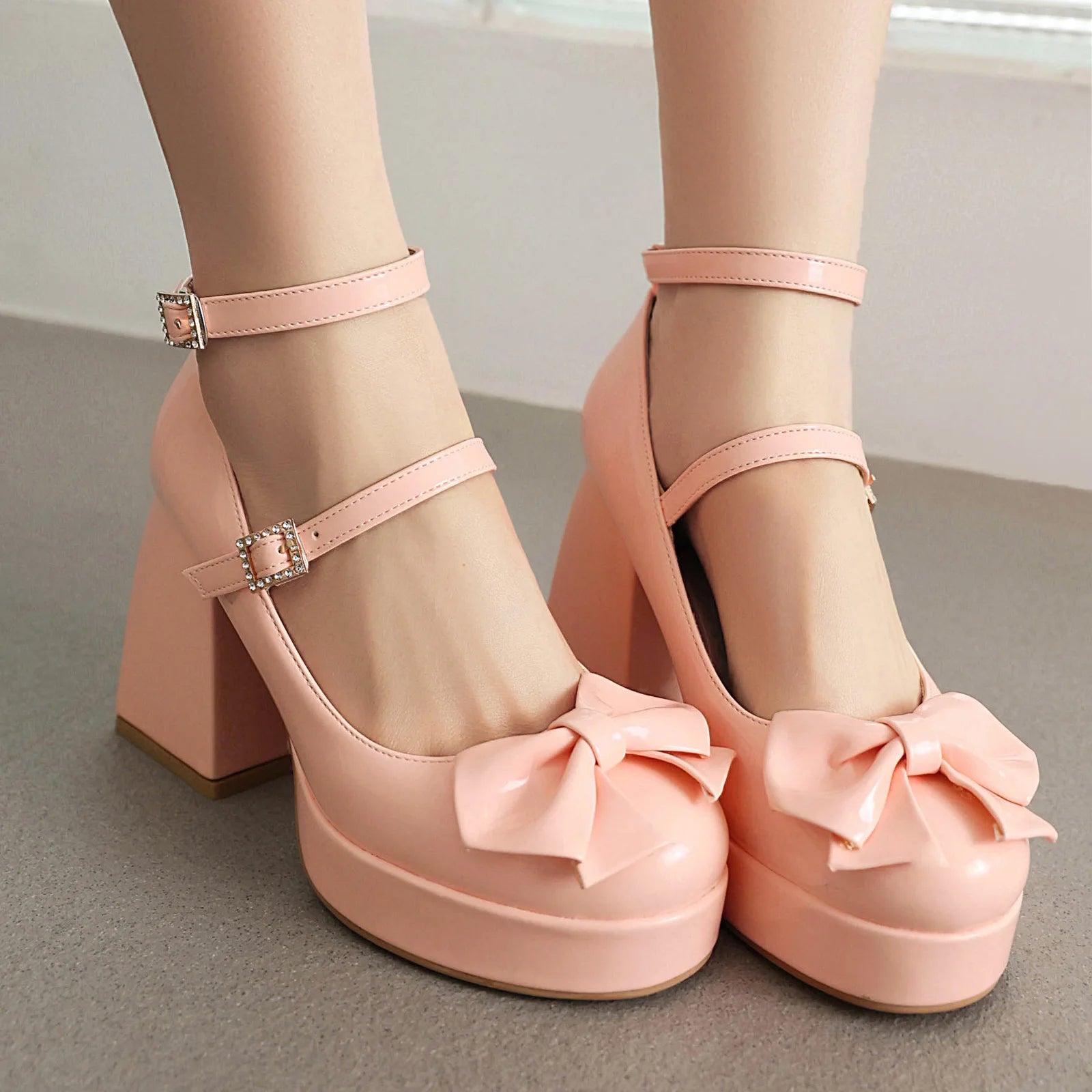 Soufree  -  Size 32-46 Spring Bow Chunky High-heeled Shoes Platform Buckle Mary Jane Women's Shoes Pink Heels