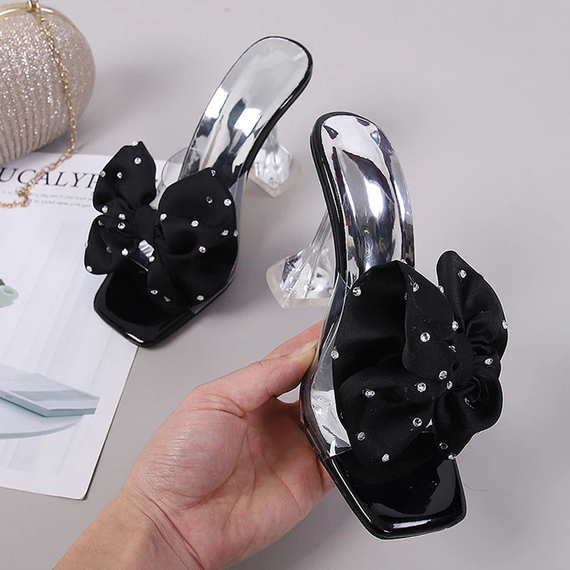 Soufree  -  Fashion Crystal Bow High Heels Slippers Shoes for Woman Sexy PVC Transparent Sandals Women Slides Open Toe Pumps Blue Black